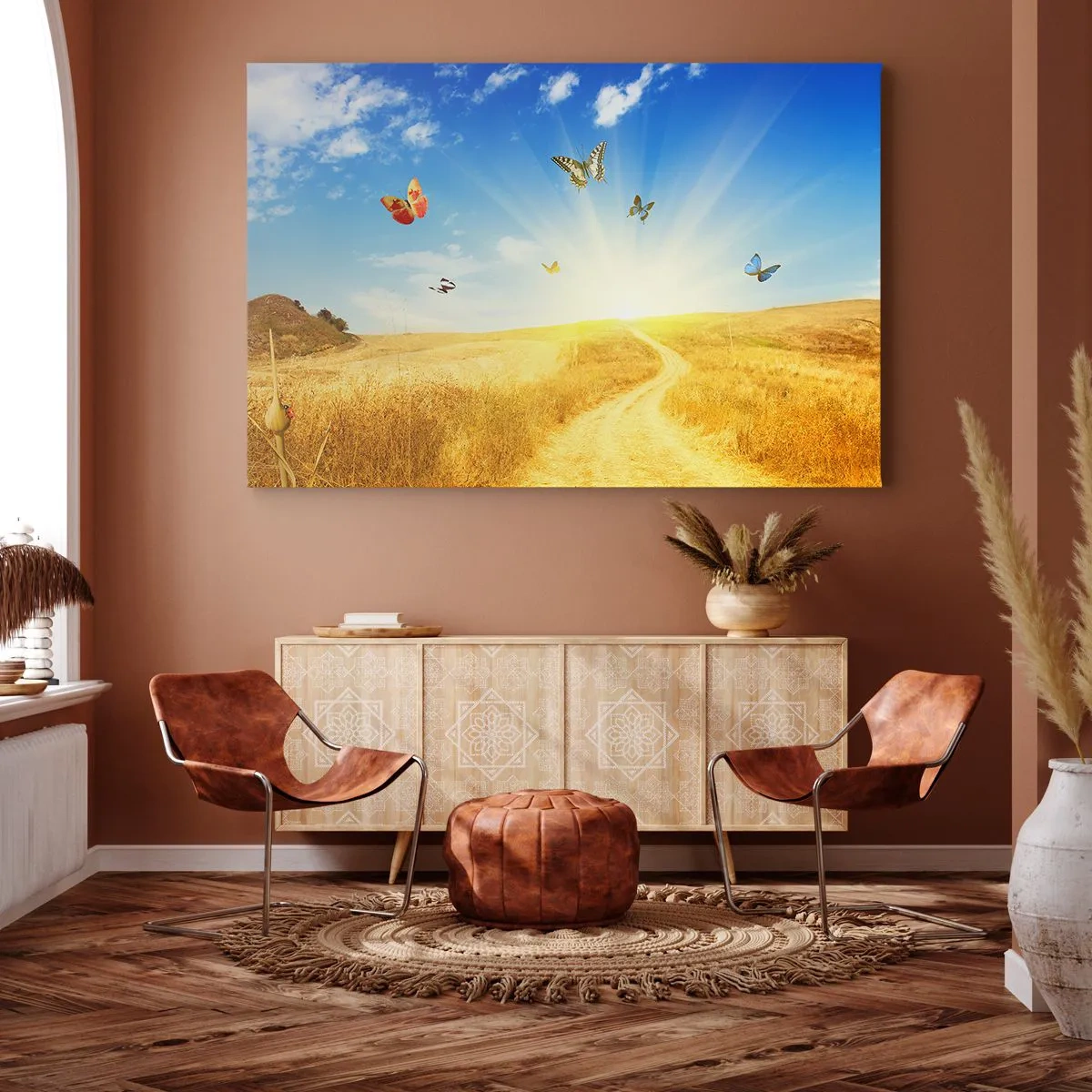 Impression sur toile - Image sur toile - Un champ doré, un chemin et des papillons contre un ciel bleu - 70x50cm - Et comment ne pas aimer l'été ? - Décoration murale moderne pour le salon et la chambre ARTTOR