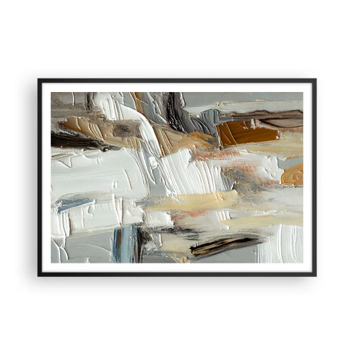 Affiche dans un cadre noir - Poster - Abstraction texturale dans des tons terre et blanc - 100x70cm - Couches colorées - Décoration murale moderne pour le salon et la chambre ARTTOR