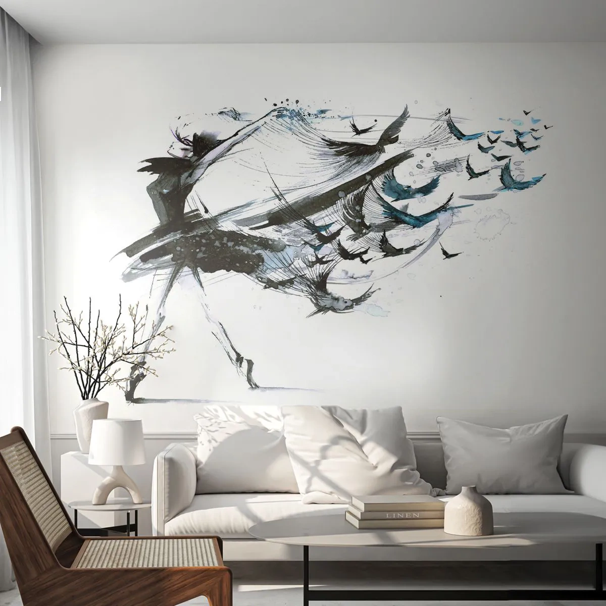 Papier Peint Photo Standard Eco - Danseuse abstraite en noir avec des oiseaux en mouvement - 100x70cm - La magie de la musique vous libère des envoûtements - Décoration murale moderne pour le salon et la chambre ARTTOR