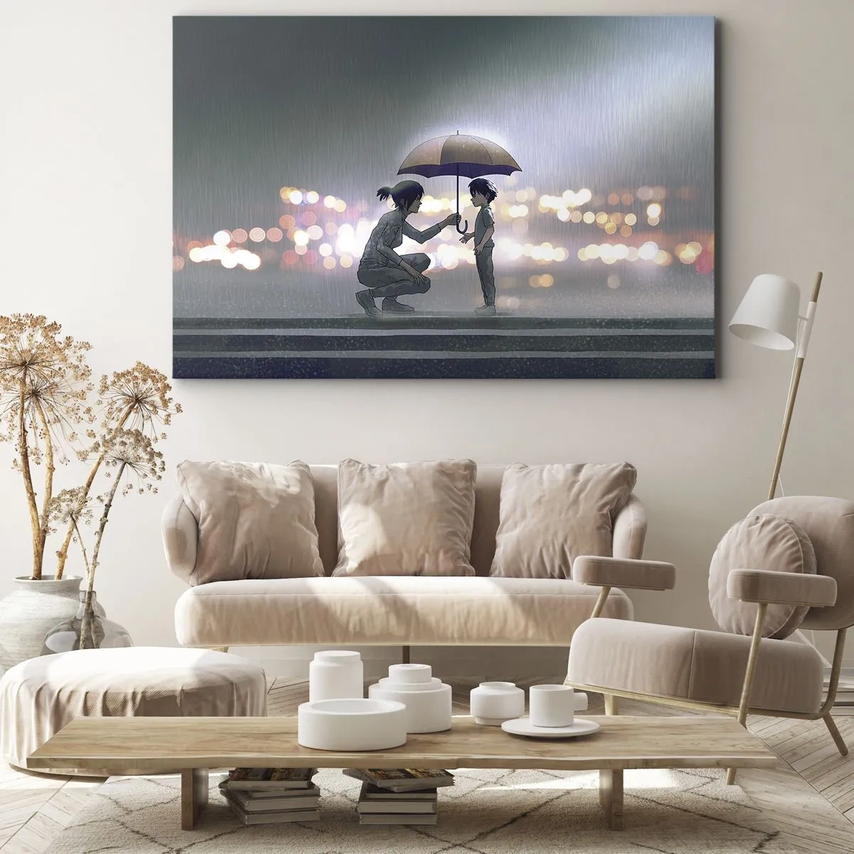 Impression sur toile - Image sur toile - Une silhouette avec un parapluie protégeant un enfant sur fond de lumières nocturnes. - 70x50cm - Et maintenant, tout va bien - Décoration murale moderne pour le salon et la chambre ARTTOR