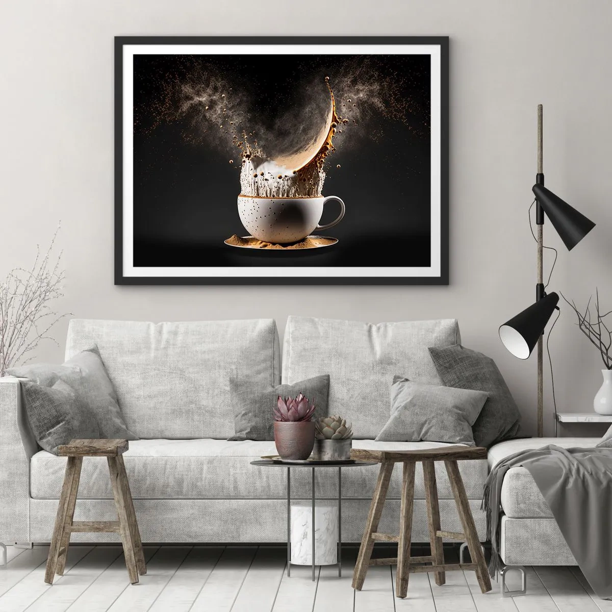 Affiche dans un cadre noir - Poster - Une tasse de café avec une explosion dynamique de liquide sur fond noir. - 70x50cm - Une explosion de saveur - Décoration murale moderne pour le salon et la chambre ARTTOR