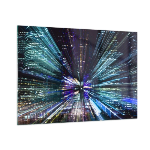 Impression sur verre - Image sur verre - Lignes lumineuses dynamiques sur fond de ville nocturne - 100x70cm - Transition vers l'hyperespace - Décoration murale moderne pour le salon et la chambre ARTTOR