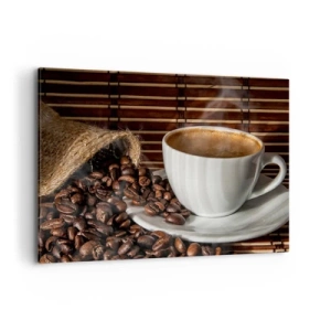 Impression sur toile - Image sur toile - Une tasse de café avec des grains sur un fond de bambou - 100x70cm - La noirceur du charbon, la clarté de l'ambre - Décoration murale moderne pour le salon et la chambre ARTTOR