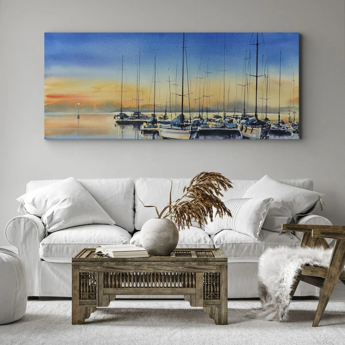 Impression sur toile - Image sur toile - Port de plaisance au coucher du soleil avec reflets sur l'eau - 120x50cm - Fin d'une belle journée - Décoration murale moderne pour le salon et la chambre ARTTOR
