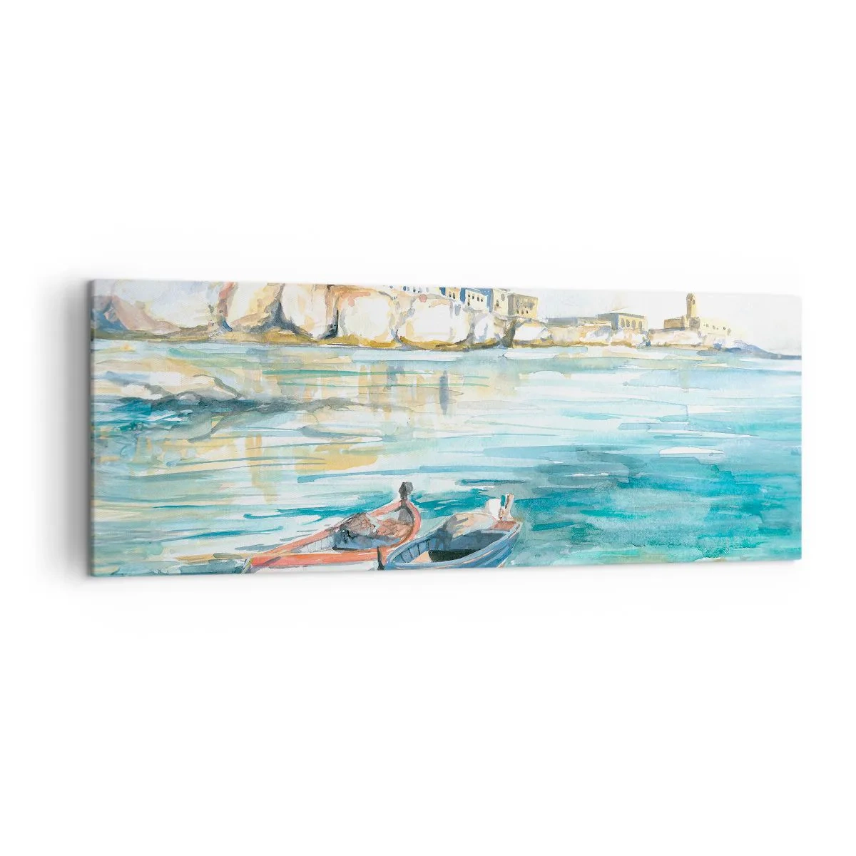Impression sur toile - Image sur toile - Un paysage balnéaire pittoresque avec des bateaux sur l'eau - 140x50cm - Paysage dans l'azur - Décoration murale moderne pour le salon et la chambre ARTTOR