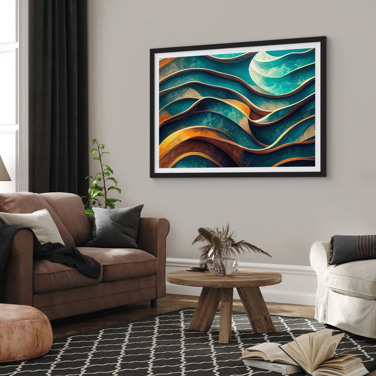 Affiche dans un cadre noir - Poster - Vagues abstraites dans des tons turquoise et or - 70x50cm - Méandres de bleu - Décoration murale moderne pour le salon et la chambre ARTTOR