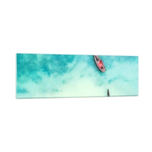 Impression sur verre - Image sur verre - Bateaux sur l'eau turquoise vus à vol d'oiseau - 160x50cm - Car sur les plages de Zanzibar, quand il y a un débordement d'eau... - Décoration murale moderne pour le salon et la chambre ARTTOR