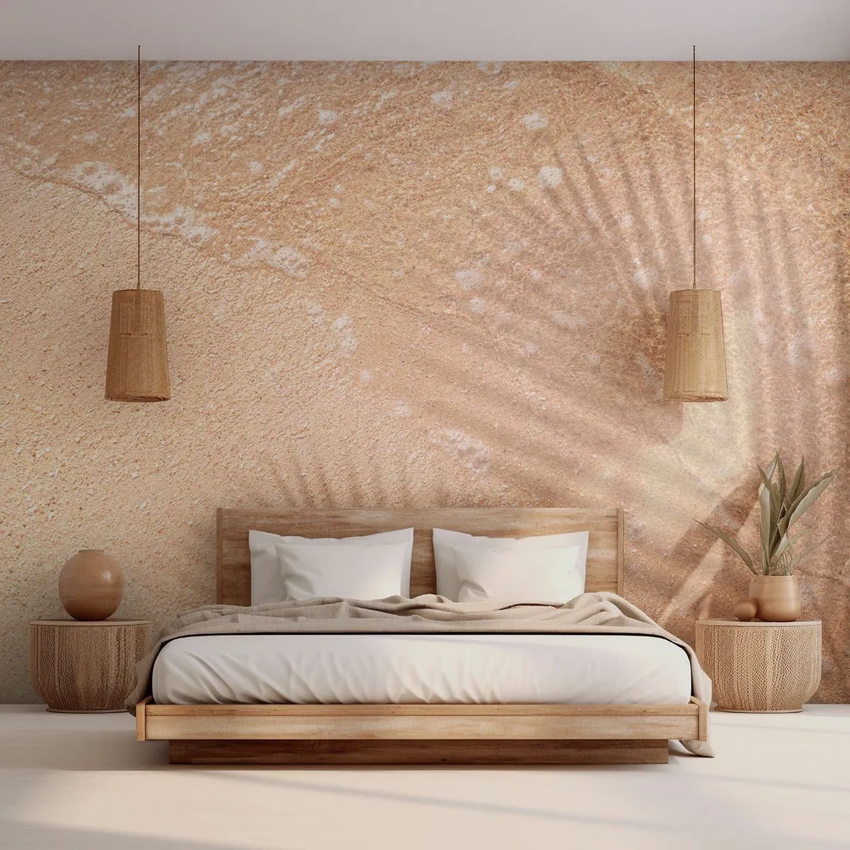 Papier Peint Photo Premium Sand - L'ombre des palmiers sur le sable doré au bord de la mer - 100x70cm - Ombre d'un été chaud - Décoration murale moderne pour le salon et la chambre ARTTOR