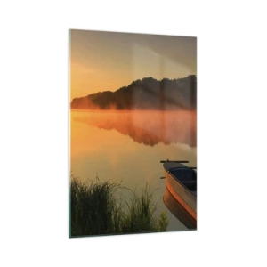 Impression sur verre - Image sur verre - Brouillard matinal sur la rivière avec un bateau sous les rayons du soleil - 70x100cm - Lever du soleil sur l'eau comme un miroir - Décoration murale moderne pour le salon et la chambre ARTTOR