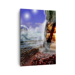 Impression sur toile - Image sur toile - Paysage fantastique avec mer, arbre et coucher de soleil. - 70x100cm - Paysage surréaliste - unité de la nature - Décoration murale moderne pour le salon et la chambre ARTTOR