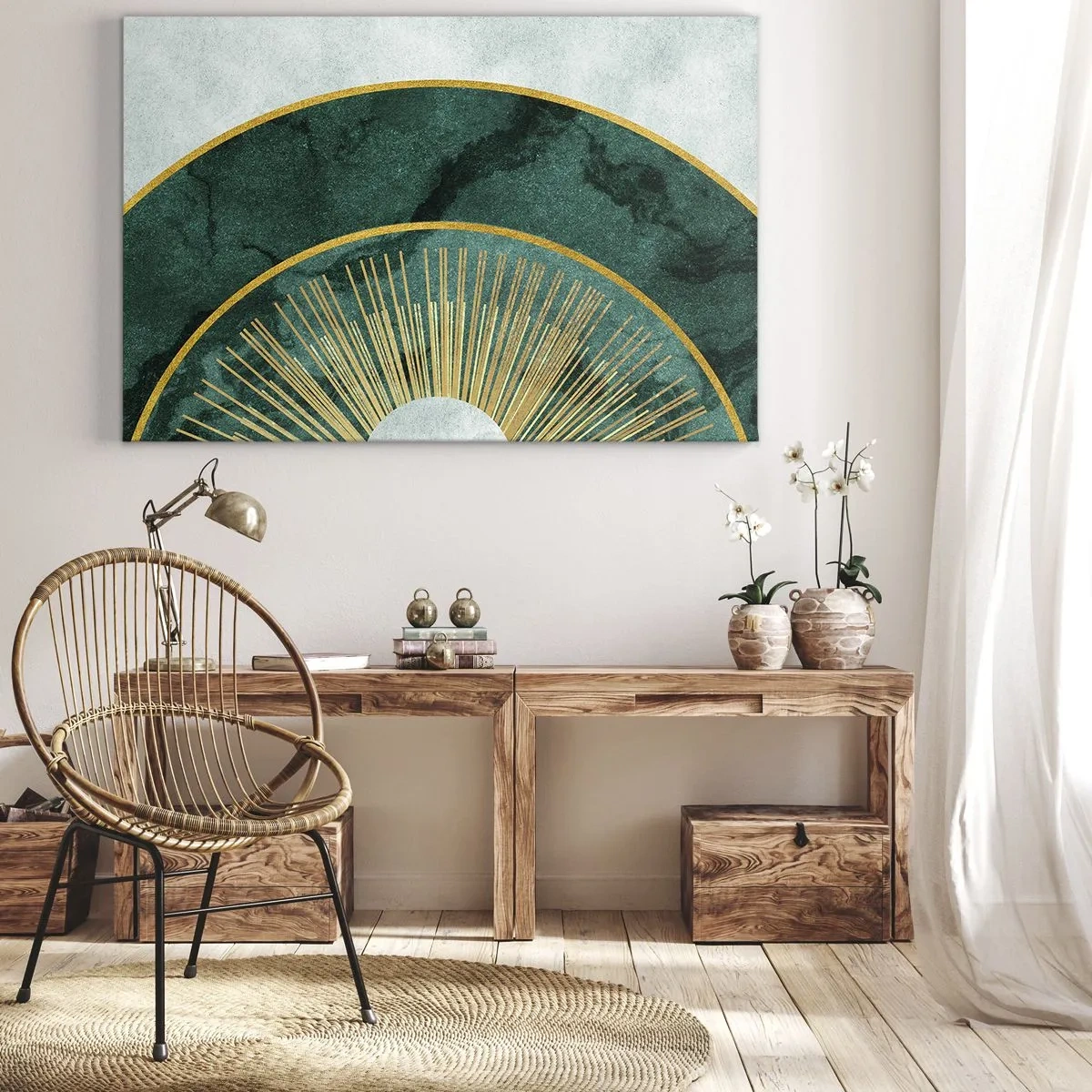 Impression sur toile - Image sur toile - Motif abstrait avec des cercles aux couleurs émeraude et or. - 120x80cm - Un autre système solaire - Décoration murale moderne pour le salon et la chambre ARTTOR