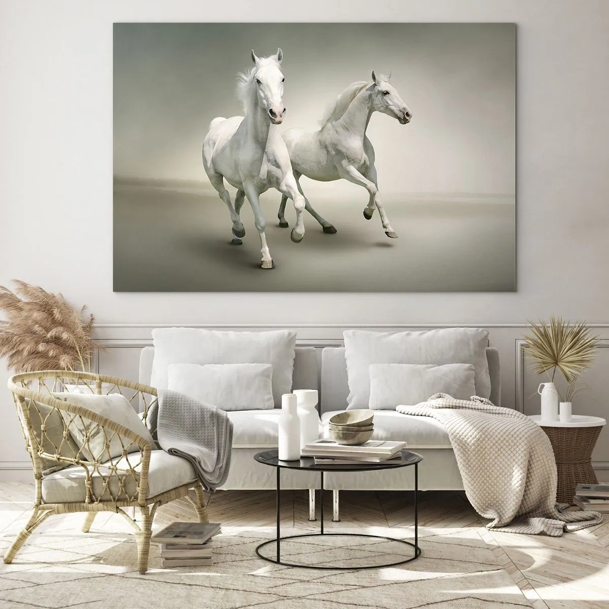 Impression sur verre - Image sur verre - Deux chevaux blancs courant sur un fond clair - 70x50cm - White power! - Décoration murale moderne pour le salon et la chambre ARTTOR