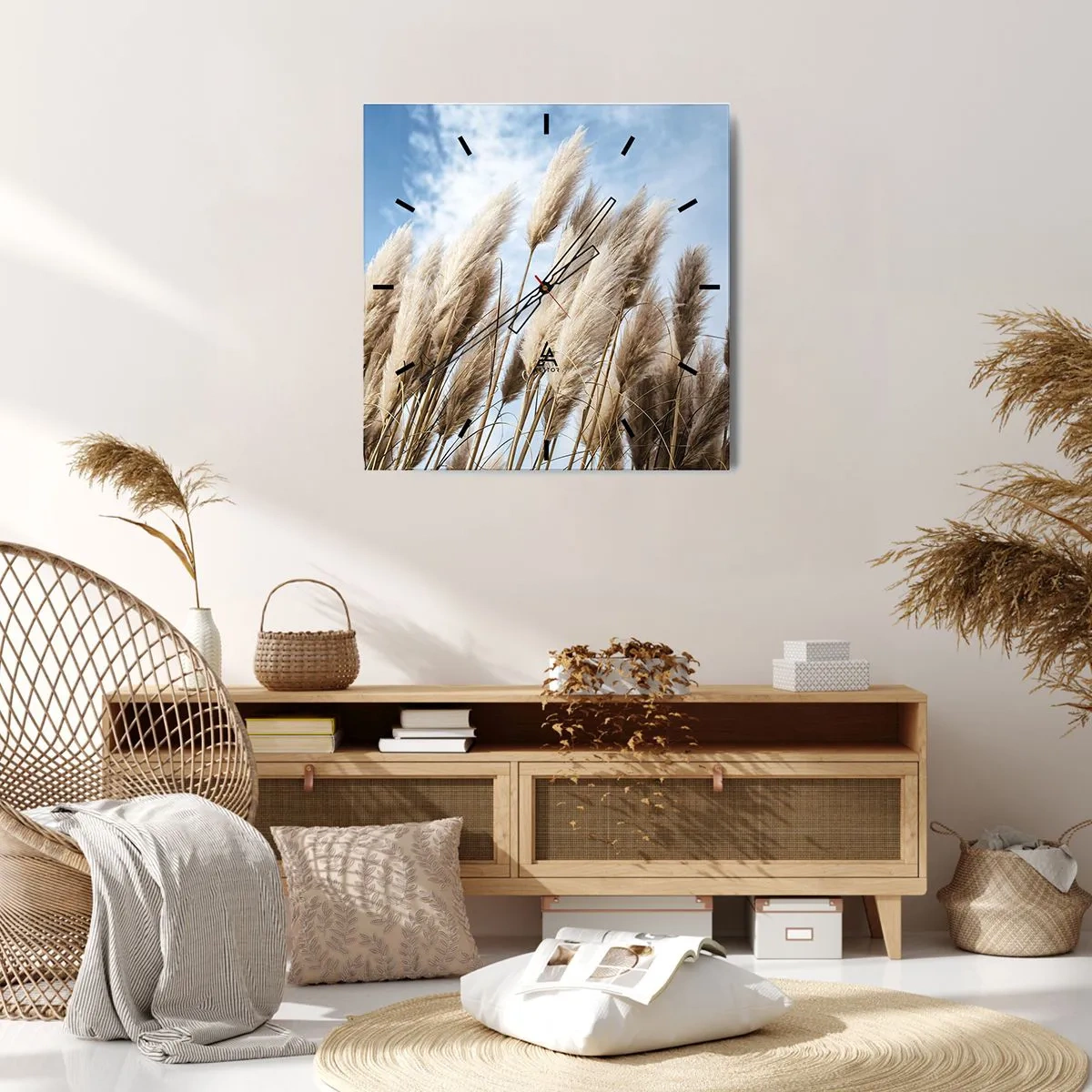 Horloge murale - Pendule murale - Herbes de pampa délicates contre un ciel bleu avec des nuages légers - 30x30cm - Caresse ensoleillée et venteuse - Décoration murale moderne pour le salon et la chambre ARTTOR