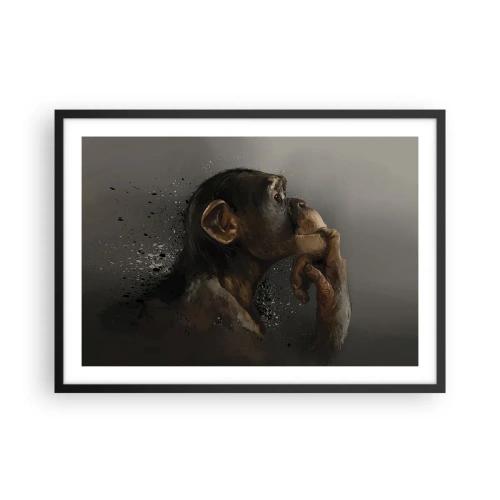 Affiche dans un cadre noir - Poster - Portrait d'un singe dans une pose réfléchissante sur fond gris - 70x50cm - Certainement un penseur - Décoration murale moderne pour le salon et la chambre ARTTOR