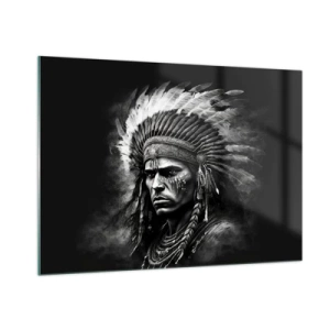 Impression sur verre - Image sur verre - Portrait en noir et blanc d'un guerrier avec une coiffe à plumes - 100x70cm - Un leader et un guerrier - Décoration murale moderne pour le salon et la chambre ARTTOR