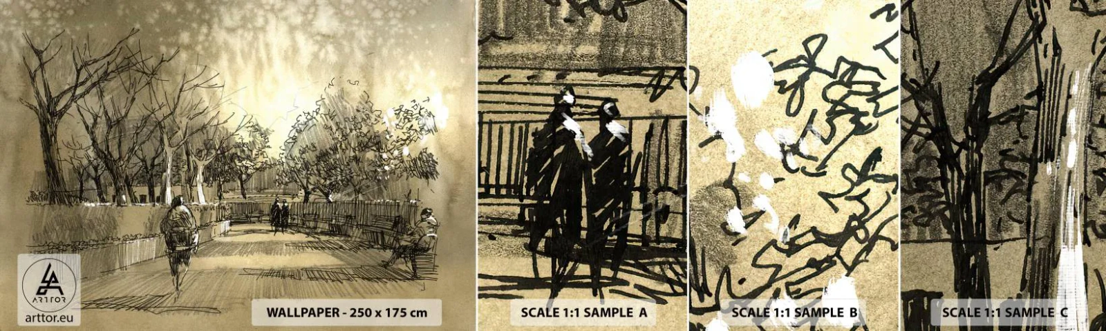 Échantillon De Papier Peint Standard Eco - Un moment arrêté avec une plume - Allée du parc, Parc, Sépia - 100x30 cm