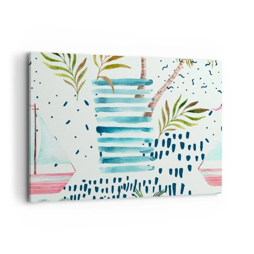 Impression sur toile - Image sur toile - Motif abstrait avec des palmiers et des accents nautiques - 120x80cm - Des vacances sous les palmiers - Décoration murale moderne pour le salon et la chambre ARTTOR