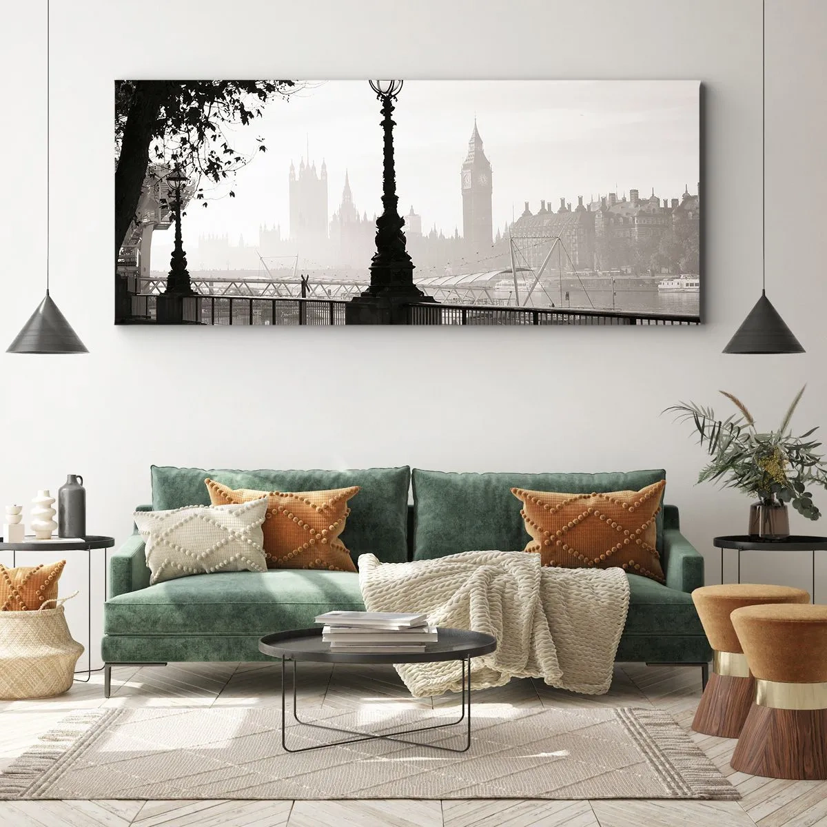 Impression sur toile - Image sur toile - Une vue monochrome de Big Ben et de la Tamise. - 160x50cm - Un matin londonien - Décoration murale moderne pour le salon et la chambre ARTTOR