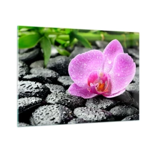 Impression sur verre - Image sur verre - Fleur d'orchidée rose sur des pierres noires humides - 100x70cm - Comme un coeur ouvert - Décoration murale moderne pour le salon et la chambre ARTTOR