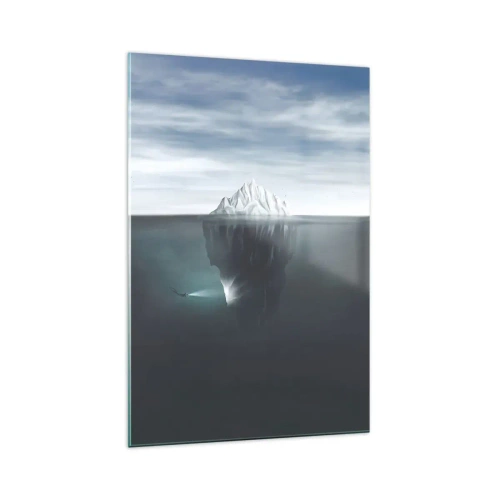 Impression sur verre - Image sur verre - Un iceberg dans l'eau avec un plongeur et un projecteur sous la surface. - 70x100cm - Mystère sous-marin - Décoration murale moderne pour le salon et la chambre ARTTOR