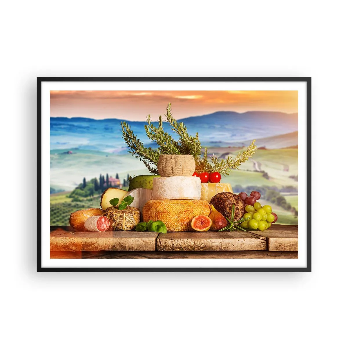 Affiche dans un cadre noir - Poster - Une composition de fromages et de fruits sur fond de paysage toscan - 100x70cm - La joie de vivre à l'italienne - Décoration murale moderne pour le salon et la chambre ARTTOR