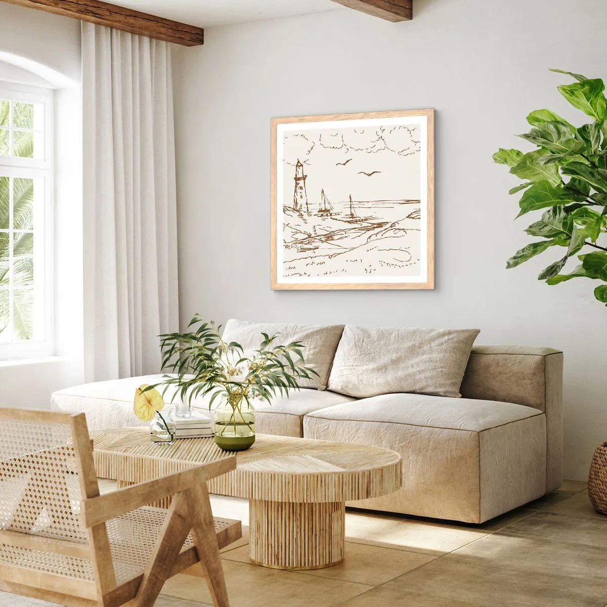 Affiche dans un chêne clair - Poster - Esquisse de souvenirs d'été - 60x60 cm