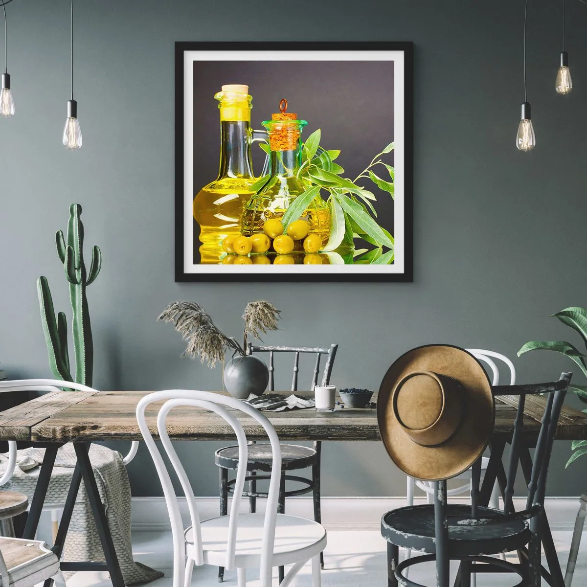 Affiche dans un cadre noir - Poster - Nature morte aux olives et à l'huile d'olive - 30x30 cm