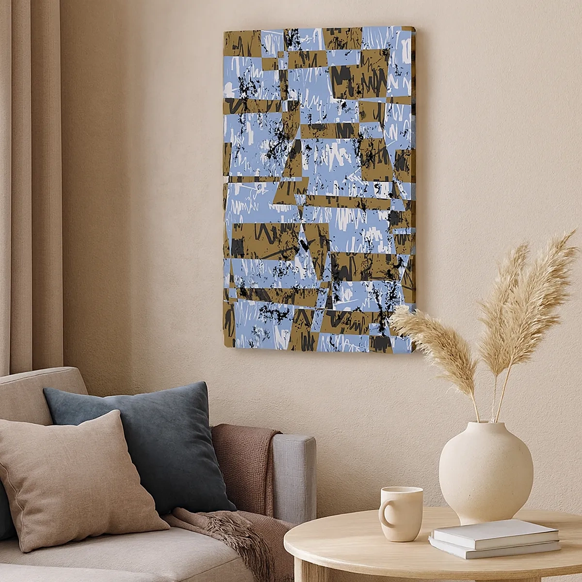 Impression sur toile - Image sur toile - Une composition abstraite de rectangles dans des tons de marron et de bleu. - 50x70cm - Une découpe non humaine - Décoration murale moderne pour le salon et la chambre ARTTOR