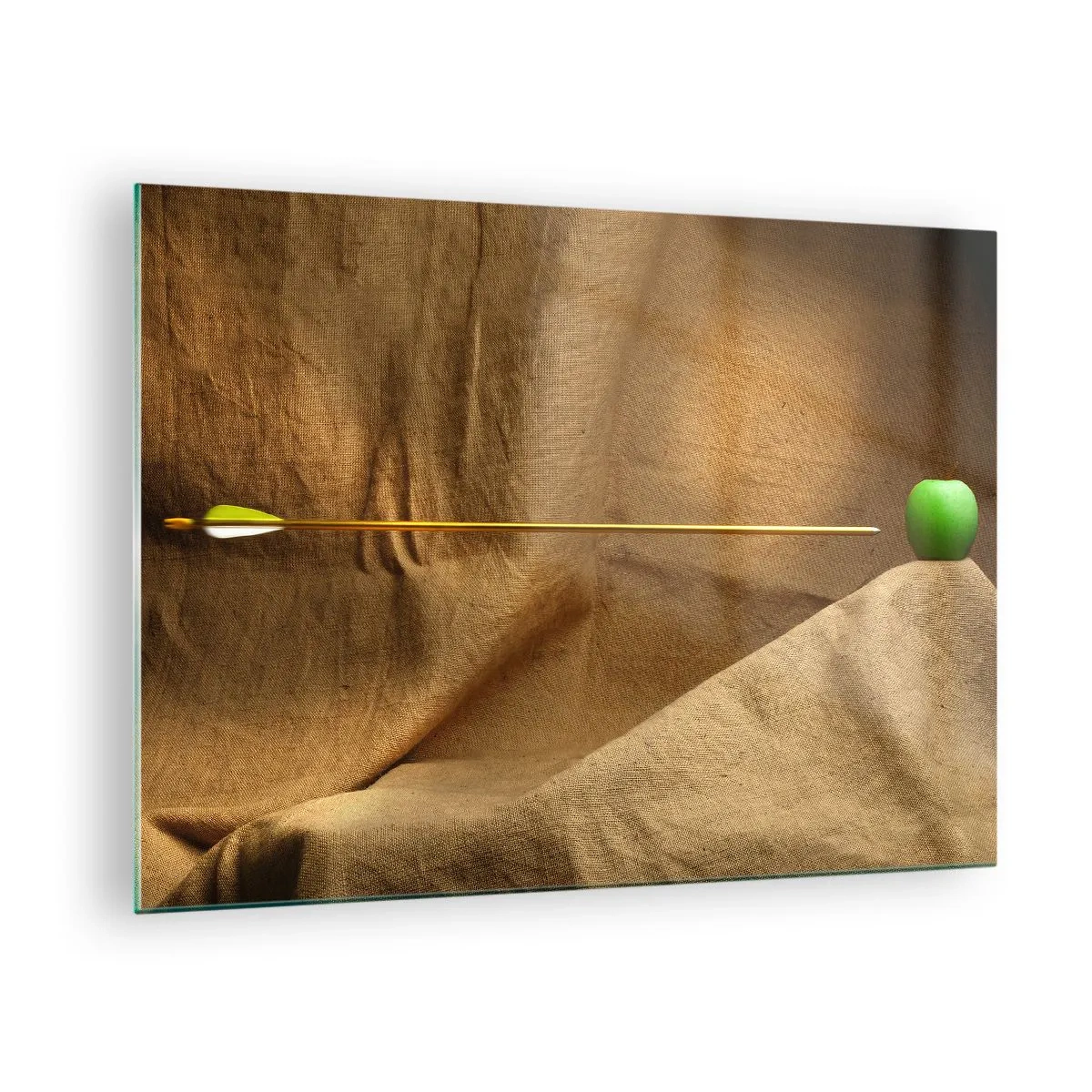 Impression sur verre - Image sur verre - Une pomme verte sur fond beige avec une flèche la transperçant. - 70x50cm - Invoquer l'esprit de Guillaume Tell - Décoration murale moderne pour le salon et la chambre ARTTOR