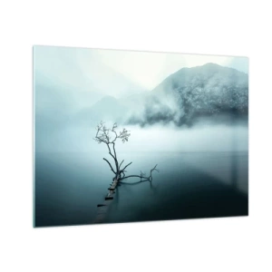 Impression sur verre - Image sur verre - Un arbre solitaire sur fond de montagnes enveloppées de brume au-dessus de l'eau - 70x50cm - D'eau et de brouillard - Décoration murale moderne pour le salon et la chambre ARTTOR