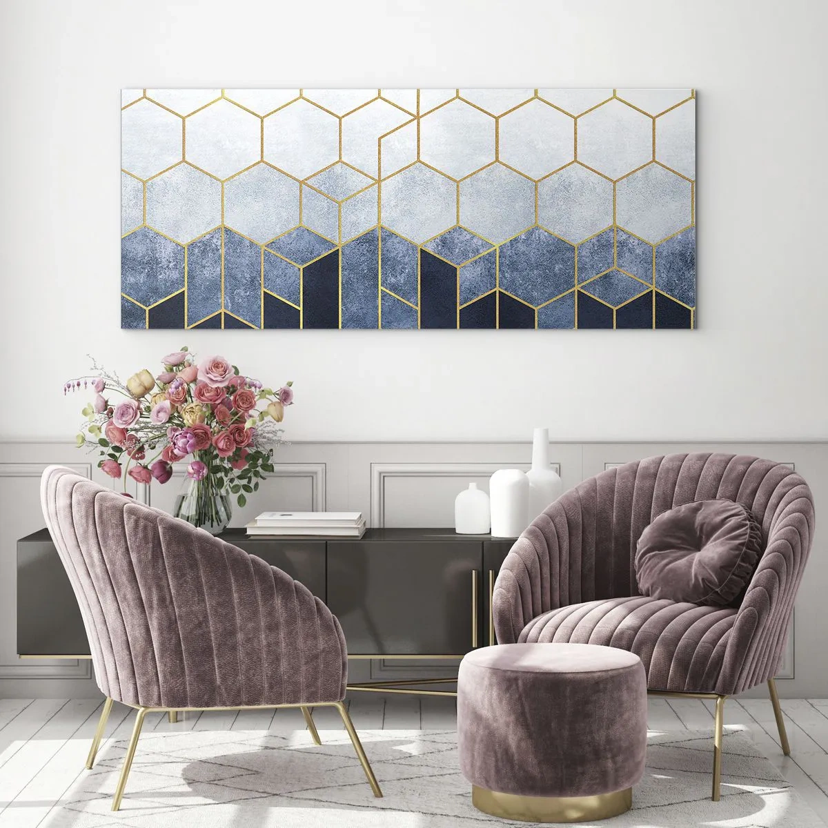 Impression sur verre - Image sur verre - Motif géométrique dans les tons or et bleu marine - 120x50cm - Composition en rythme syncopé - Décoration murale moderne pour le salon et la chambre ARTTOR