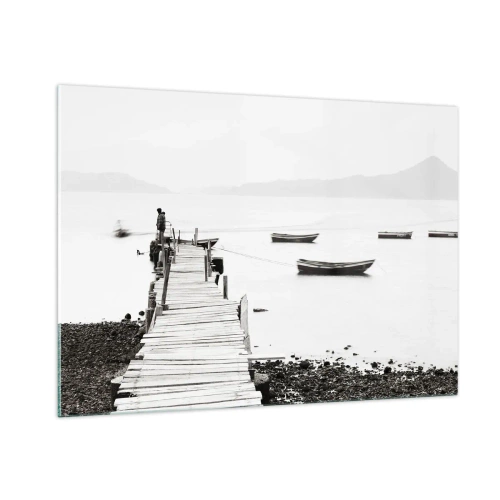 Impression sur verre - Image sur verre - Vue en noir et blanc d'une jetée en bois sur un lac - 100x70cm - Calme et propre au bord de l'eau - Décoration murale moderne pour le salon et la chambre ARTTOR
