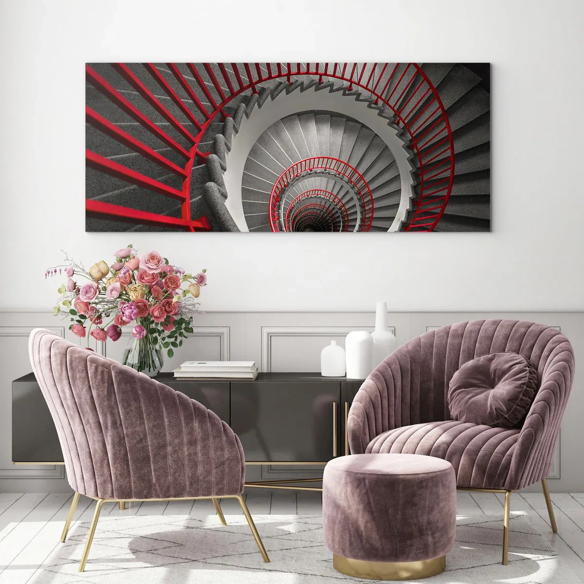 Impression sur verre - Image sur verre - Escalier en colimaçon avec rampes rouges dans une perspective dynamique - 140x50cm - Amusement architectural - Décoration murale moderne pour le salon et la chambre ARTTOR