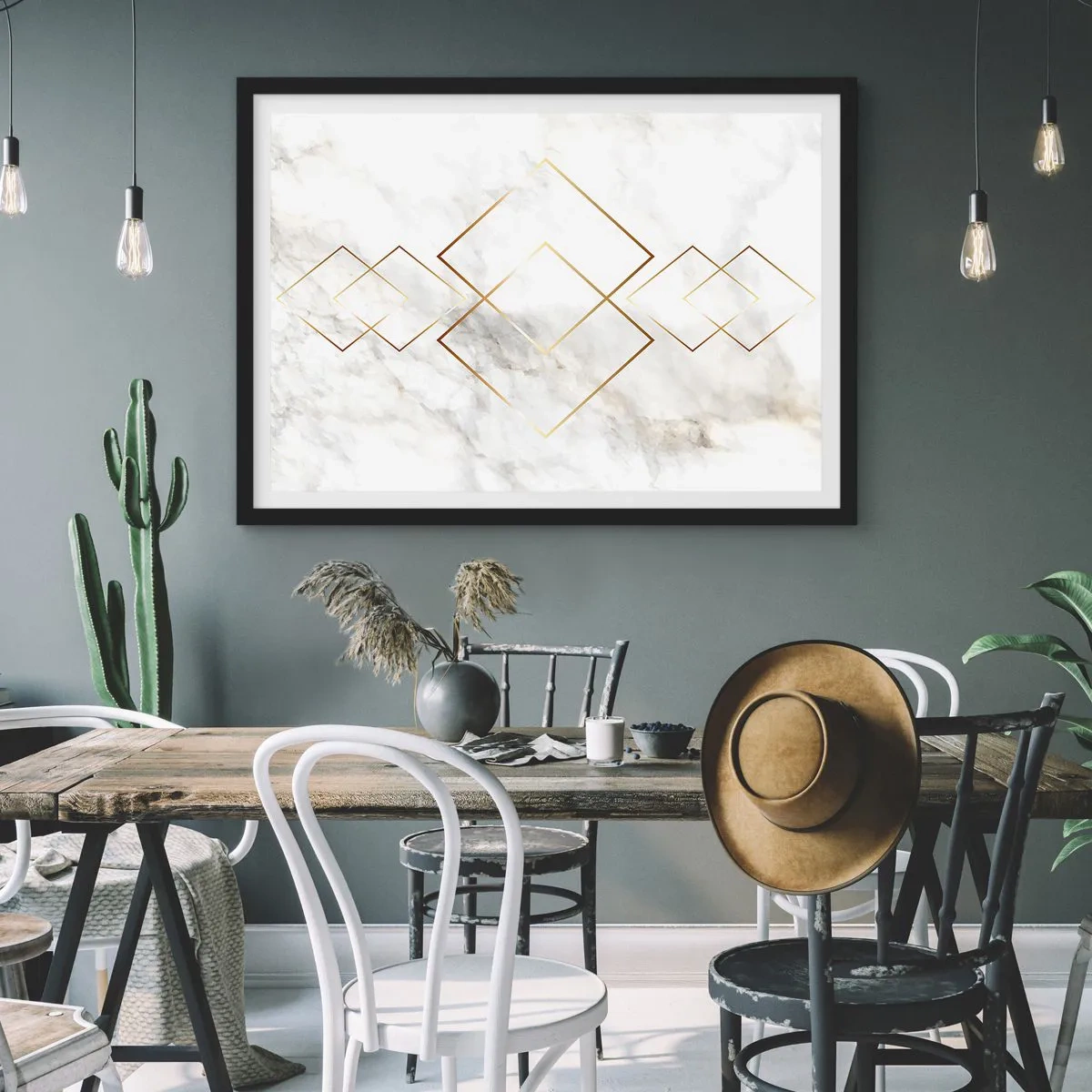 Affiche dans un cadre noir - Poster - Losanges dorés minimalistes sur fond de marbre - 100x70cm - Vue à l'infini - Décoration murale moderne pour le salon et la chambre ARTTOR