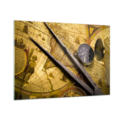 Impression sur verre - Image sur verre - Ancienne carte avec boussole et compas - 100x70cm - Où sont ces trésors? - Décoration murale moderne pour le salon et la chambre ARTTOR