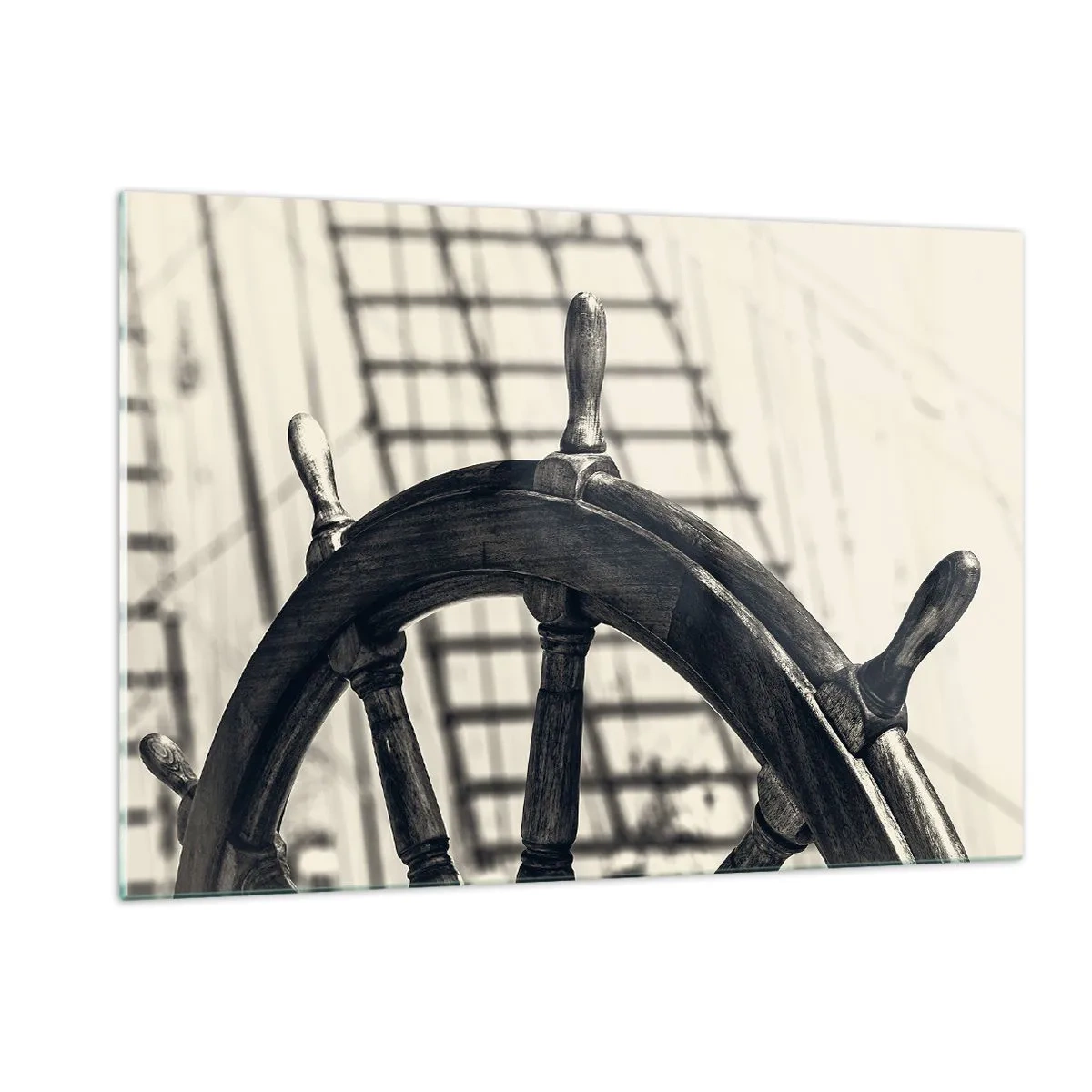 Impression sur verre - Image sur verre - Roue de navire nautique noire et blanche - 120x80cm - Histoires de mer - Décoration murale moderne pour le salon et la chambre ARTTOR