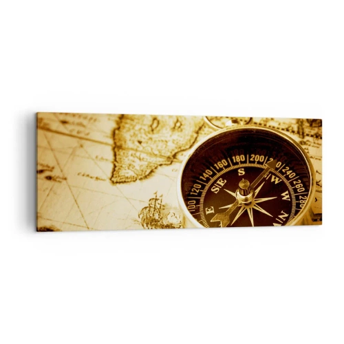 Impression sur toile - Image sur toile - Une boussole antique sur fond d'une vieille carte du monde - 140x50cm - Est ou ouest? - Décoration murale moderne pour le salon et la chambre ARTTOR