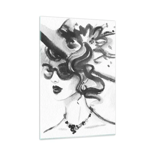 Impression sur verre - Image sur verre - Femme élégante avec un chapeau de style noir et blanc - 80x120cm - Une dame de caractère - Décoration murale moderne pour le salon et la chambre ARTTOR