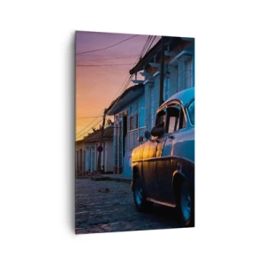 Impression sur toile - Image sur toile - Voiture et vélo rétro dans la rue à la lumière du soleil couchant - 80x120cm - Ici, le temps ralentit - Décoration murale moderne pour le salon et la chambre ARTTOR