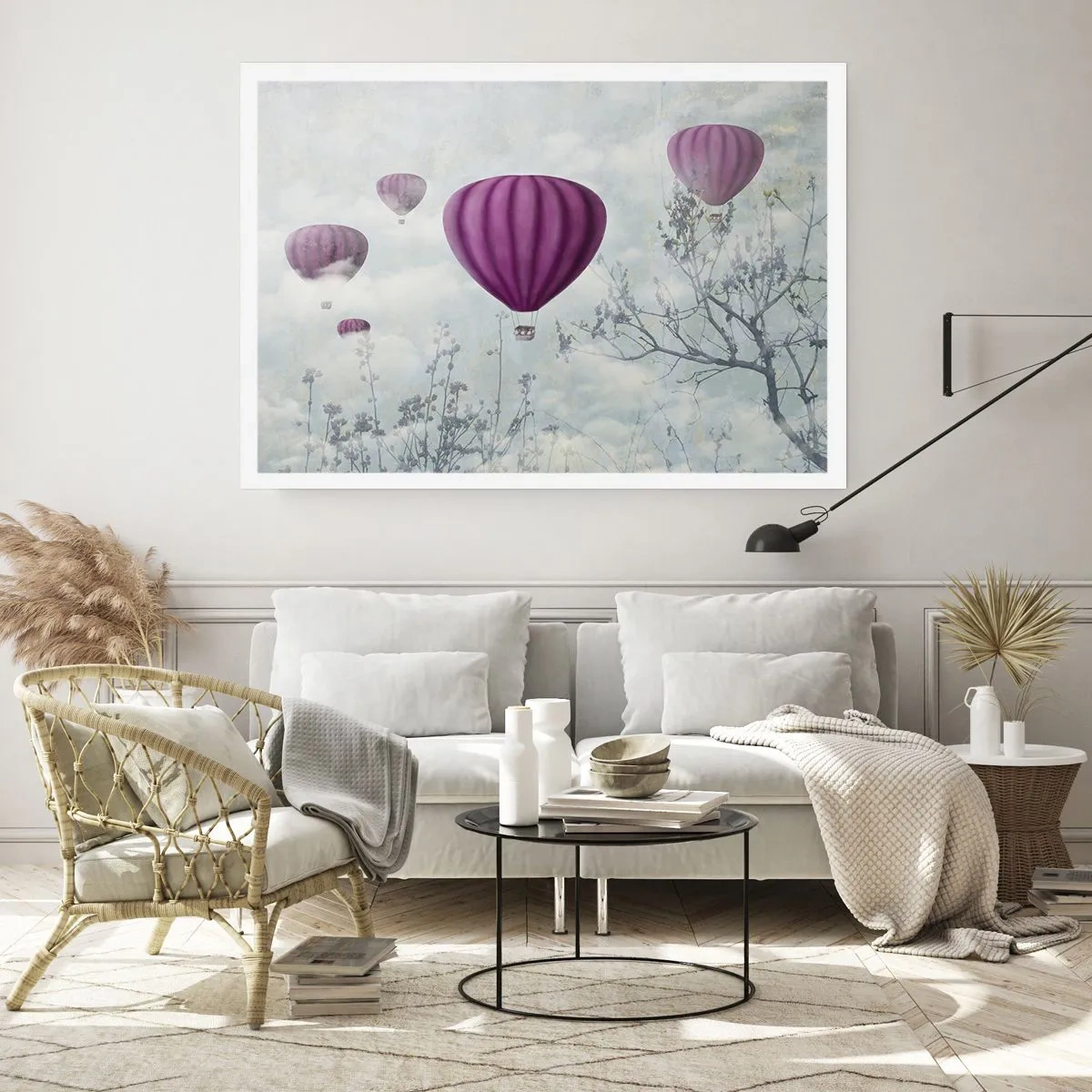 Affiche - Poster - Des ballons violets flottant au-dessus des arbres dans les nuages - 100x70cm - Comme des navires dans le ciel - Décoration murale moderne pour le salon et la chambre ARTTOR
