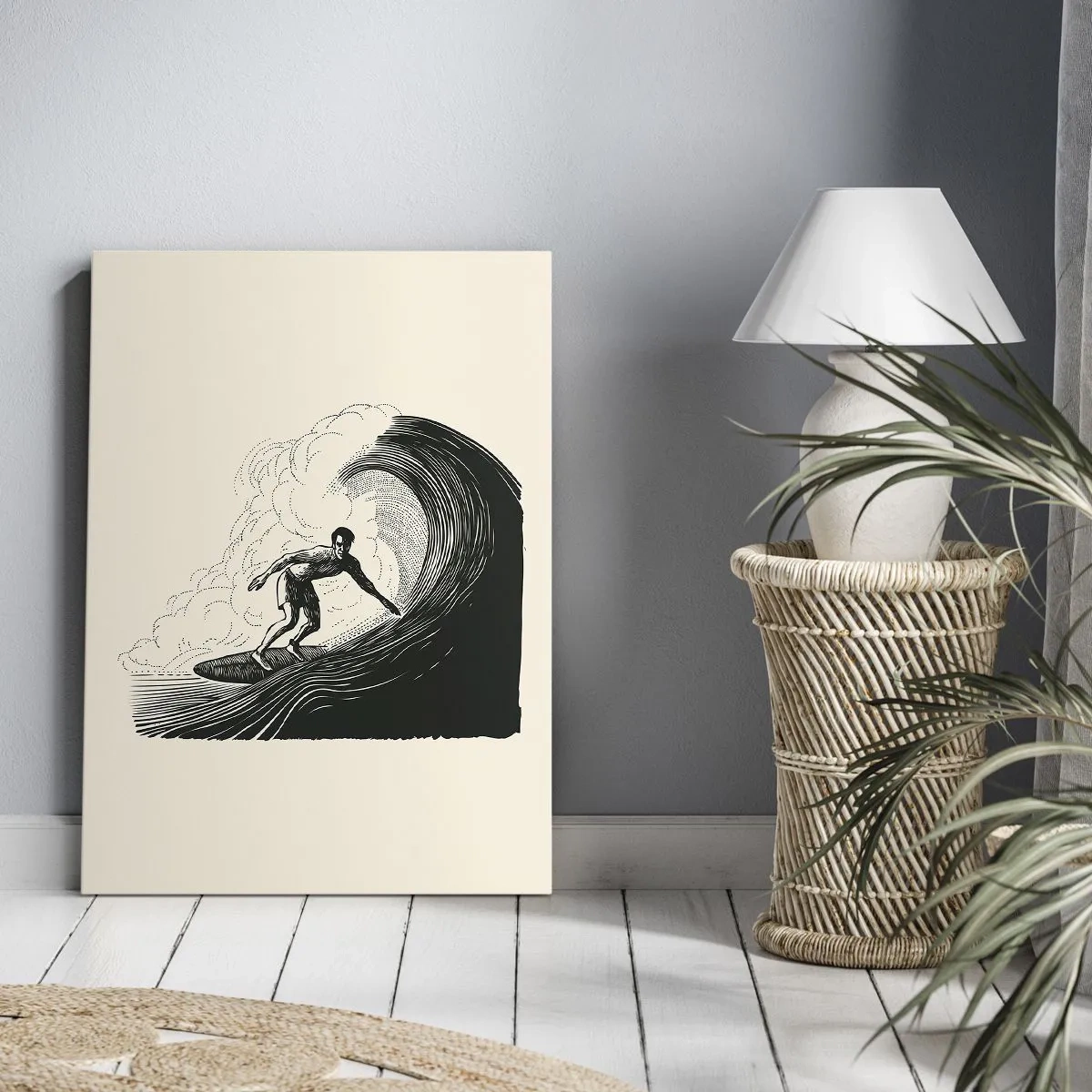 Impression sur toile - Image sur toile - Graphique en noir et blanc d'un surfeur sur une vague - 70x100cm - Le roi de la vague - Décoration murale moderne pour le salon et la chambre ARTTOR