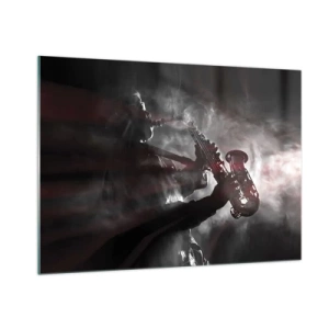 Impression sur verre - Image sur verre - Saxophoniste dans un nuage de fumée en noir et blanc - 100x70cm - Dans les brumes du jazz - Décoration murale moderne pour le salon et la chambre ARTTOR