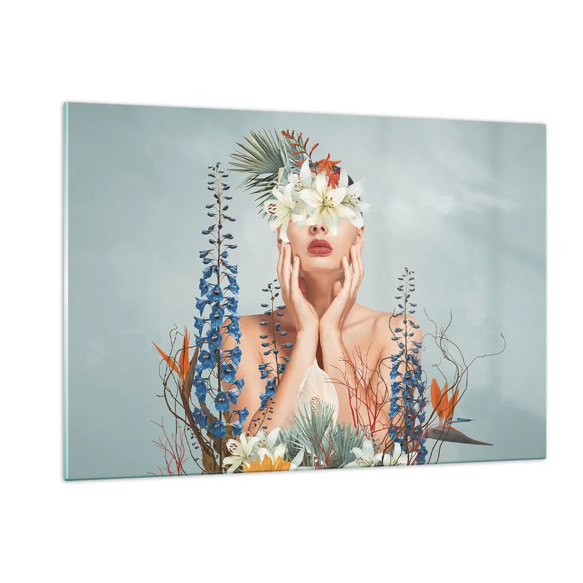 Impression sur verre - Image sur verre - Figure d'une femme avec une couronne de fleurs et une composition florale - 120x80cm - Femme - fleur - Décoration murale moderne pour le salon et la chambre ARTTOR