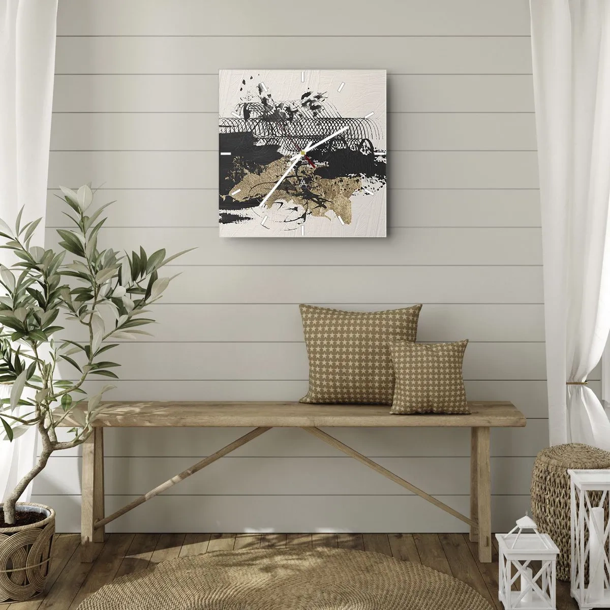 Horloge murale - Pendule murale - Une peinture abstraite en noir et or avec des lignes et des structures dynamiques. - 30x30cm - Composer avec passion - Décoration murale moderne pour le salon et la chambre ARTTOR