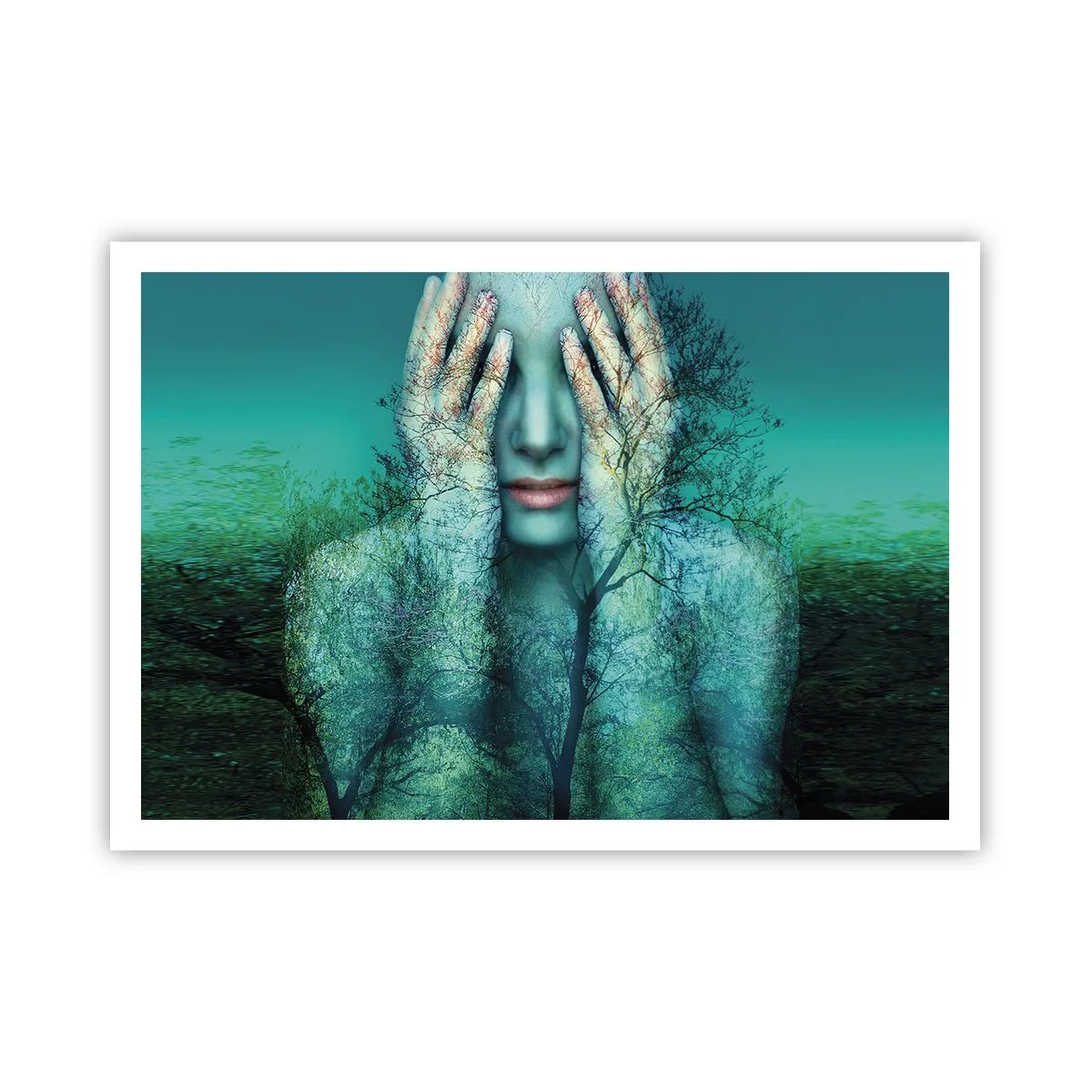 Affiche - Poster - Une figure de femme avec un motif d'arbre sur un fond de paysage turquoise - 100x70cm - immergé dans l'azur - Décoration murale moderne pour le salon et la chambre ARTTOR