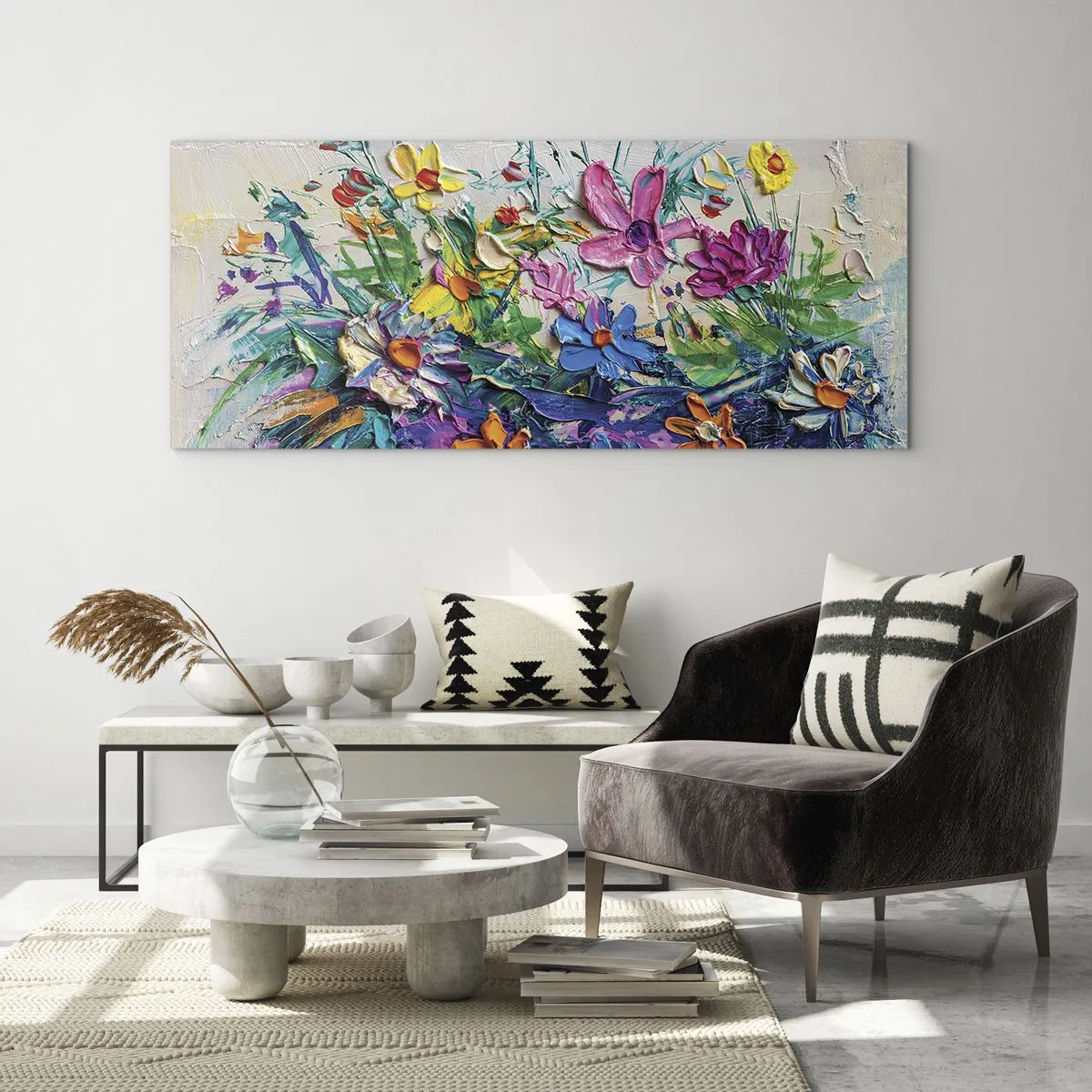 Impression sur verre - Image sur verre - Un bouquet de fleurs coloré peint selon la technique de l'empâtement - 140x50cm - Absolument pas une nature morte - Décoration murale moderne pour le salon et la chambre ARTTOR