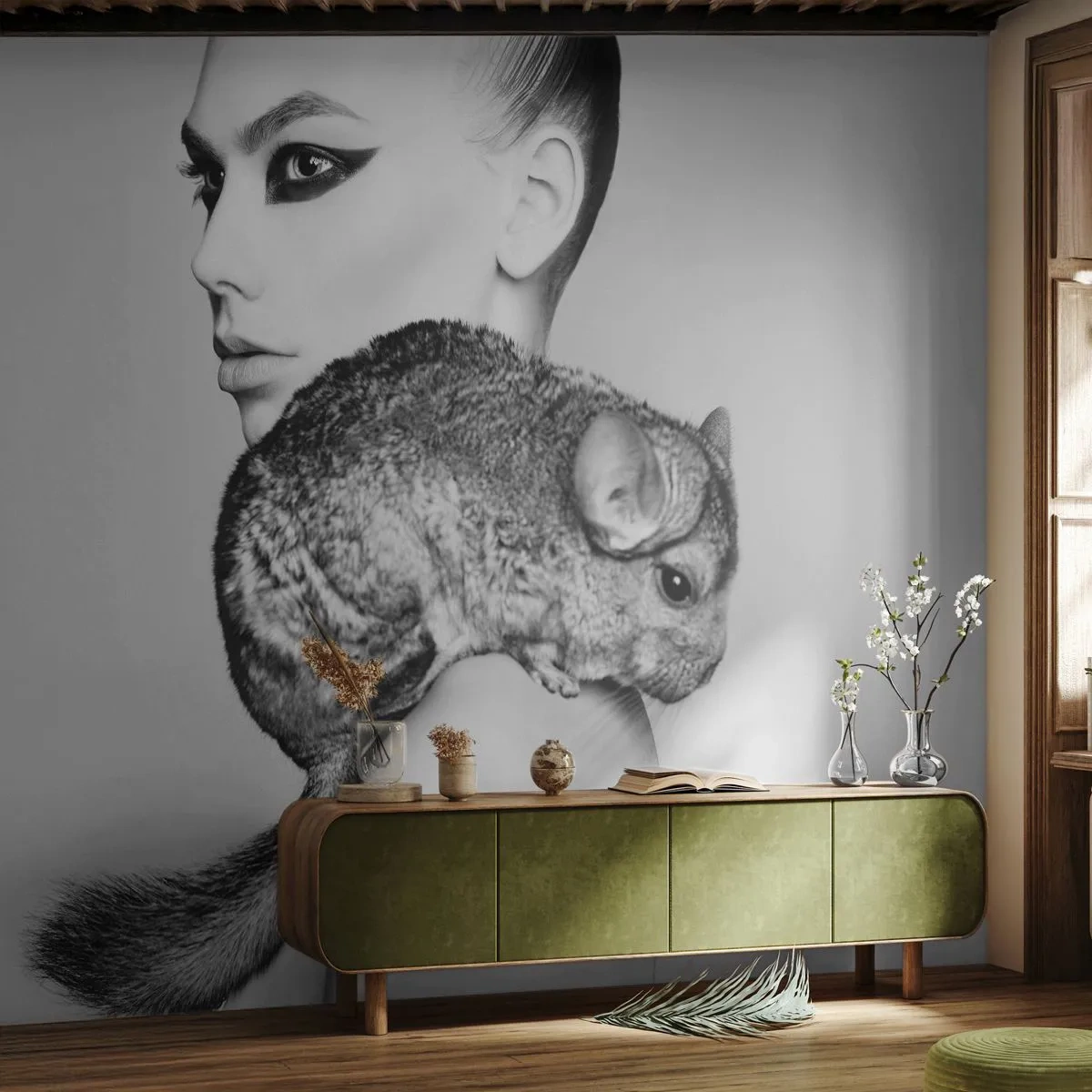 Papier Peint Autocollant Deluxe Sticker - Dame au chinchilla - Femme, Femme avec Chinchilla, Modèle - 250x175 cm