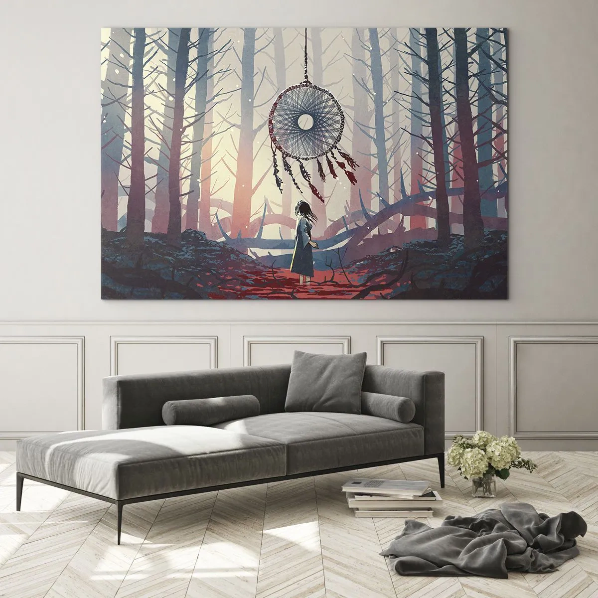 Impression sur verre - Image sur verre - Une silhouette dans la forêt regarde un grand attrape-rêves flottant dans les airs. - 120x80cm - Rituel secret du bonheur - Décoration murale moderne pour le salon et la chambre ARTTOR