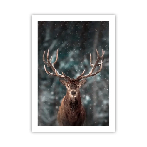 Affiche - Poster - Portrait d'un cerf aux bois impressionnants sur fond de forêt hivernale - 50x70cm - Roi de la forêt couronné - Décoration murale moderne pour le salon et la chambre ARTTOR