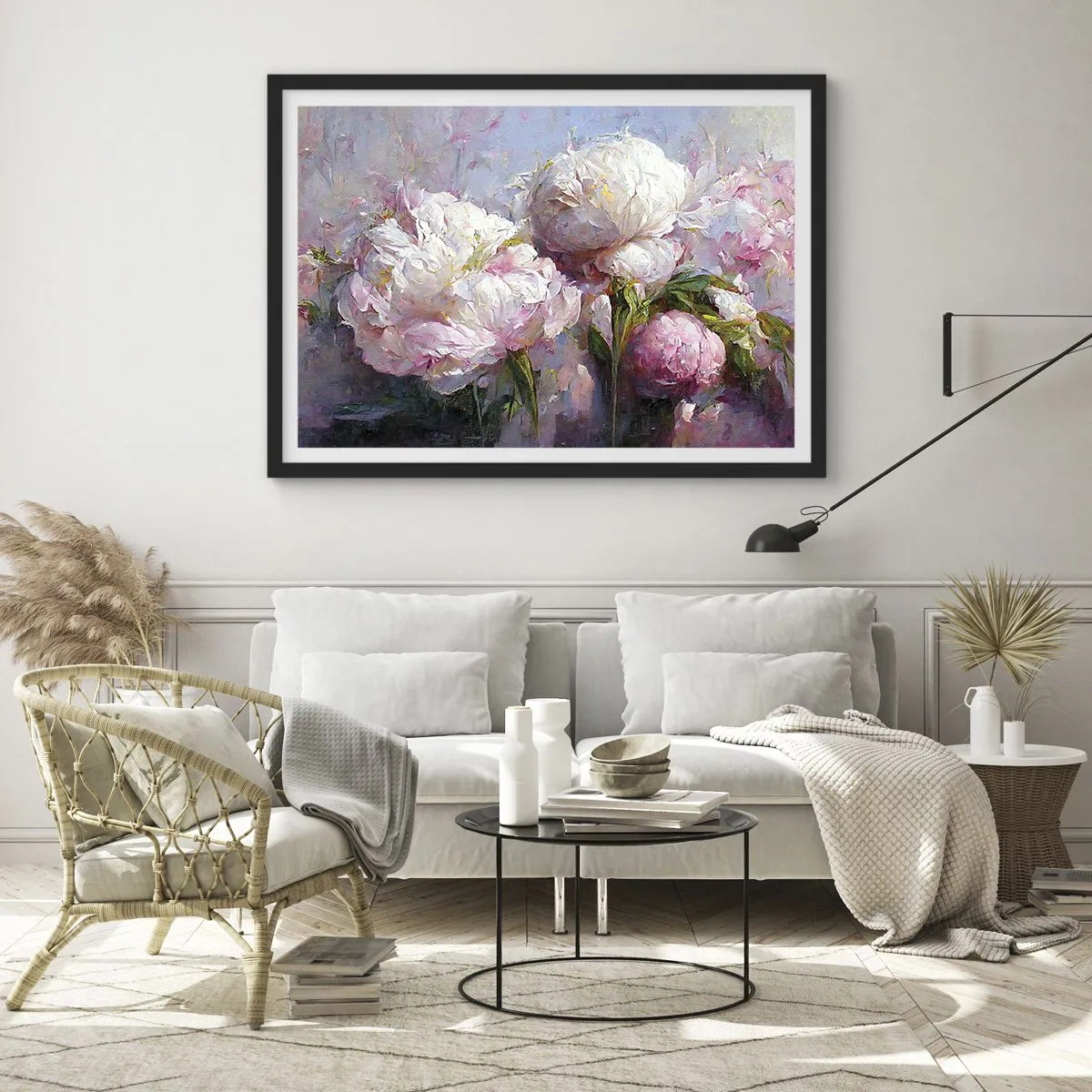 Affiche dans un cadre noir - Poster - Fleurs de pivoine romantiques aux couleurs pastel - 70x50cm - Un bouquet plein de vie - Décoration murale moderne pour le salon et la chambre ARTTOR